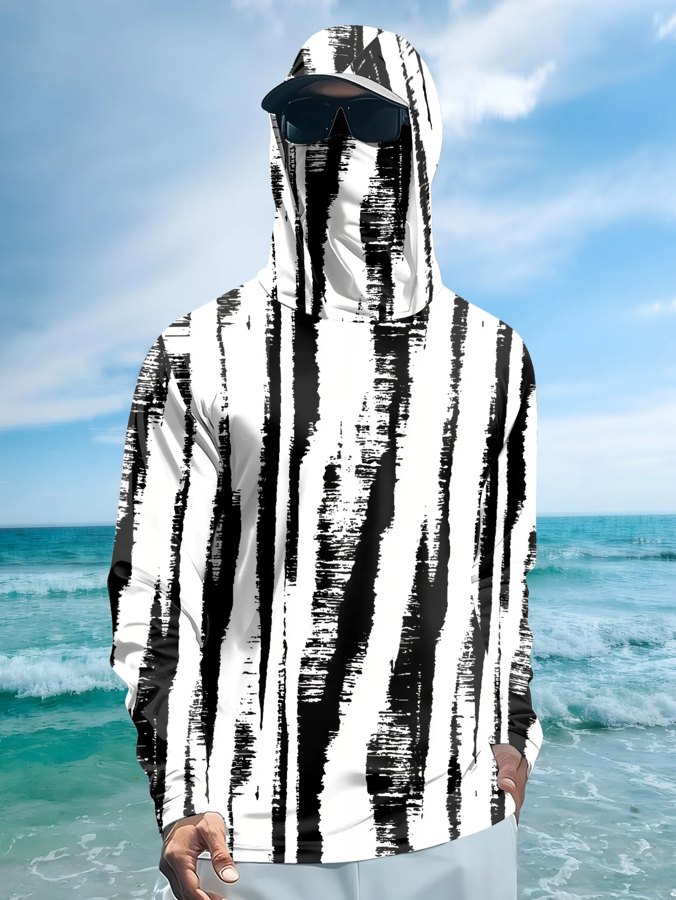 Fishing Hoodie - هودي صيد للرجال بتصميم مخطط باللونين