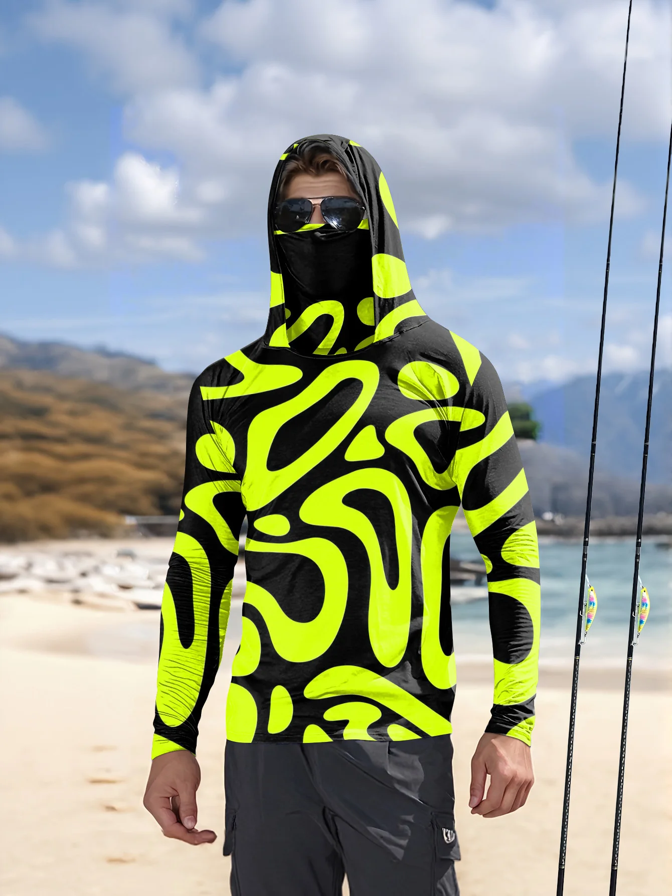 Fishing Shirt Uv Protection - قميص صيد رجالي بغطاء للرأس، بتصميم